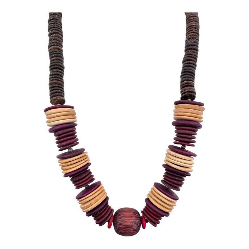 Vintage 1970s Wood Bead Necklace Boho Tribal Statement - 1Z